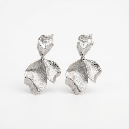 Silvertone Textured Petals Dangle Earrings, silver drop earrings for women, botanical inspired, side view