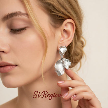 Silvertone Textured Petals Dangle Earrings, silver drop earrings for women, botanical inspired, styled look