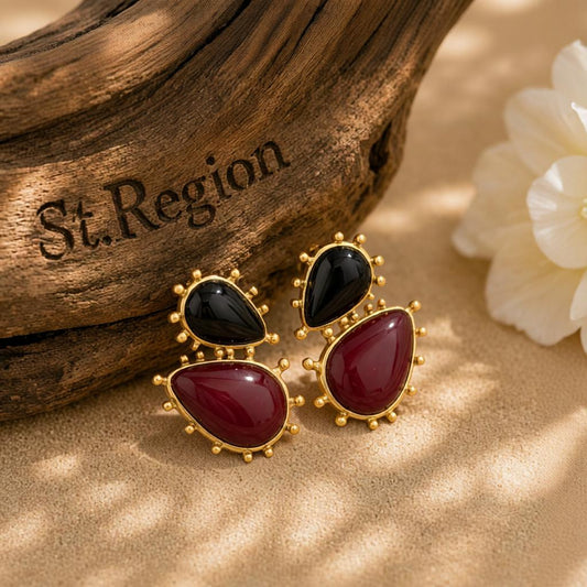 Black Resin and Goldtone Dual Drop Earrings, gold drop earrings for women, dainty minimalist design, front view