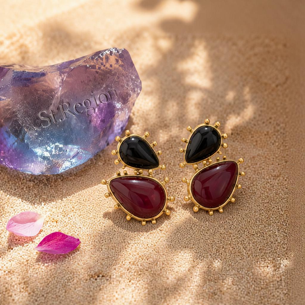 Black Resin and Goldtone Dual Drop Earrings, gold drop earrings for women, dainty minimalist design, detail close-up