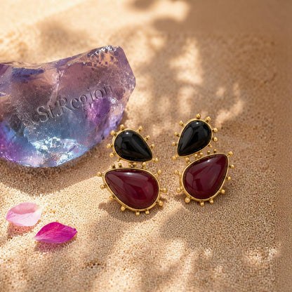 Black Resin and Goldtone Dual Drop Earrings, gold drop earrings for women, dainty minimalist design, detail close-up