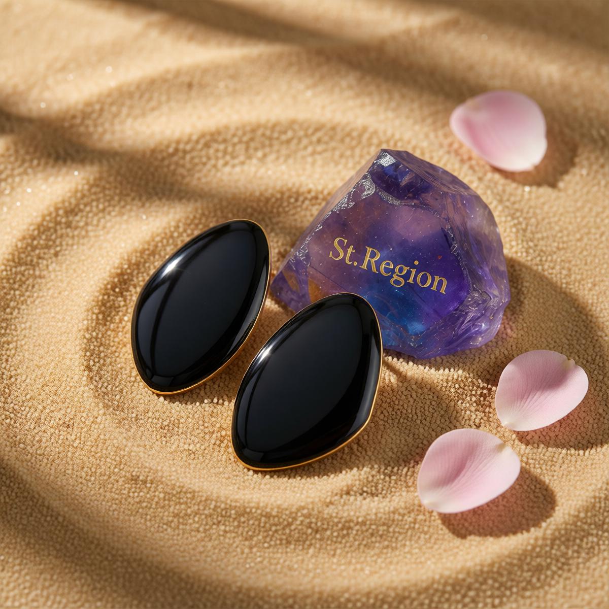 Black Enamel and Goldtone Drop Statement Stud Earrings, gold stud earrings for women, botanical inspired, detail close-up
