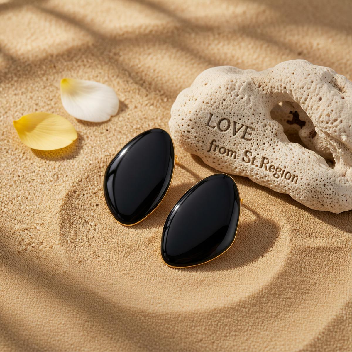 Black Enamel and Goldtone Drop Statement Stud Earrings, gold stud earrings for women, botanical inspired, lifestyle look