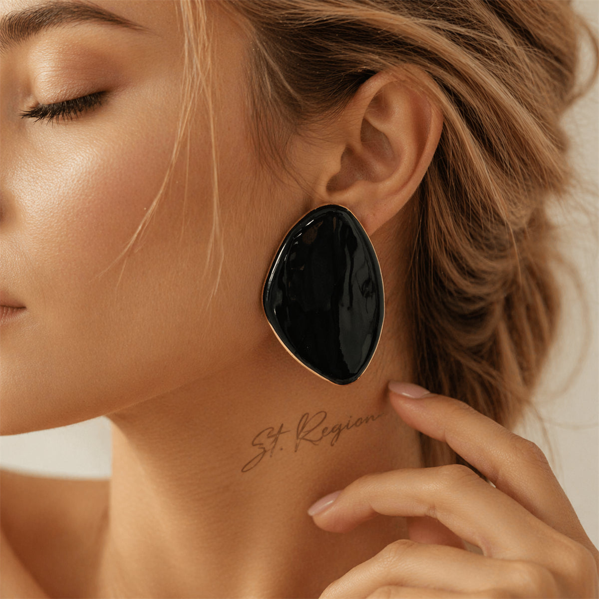 Black Enamel & Goldtone Drop Statement Stud Earrings