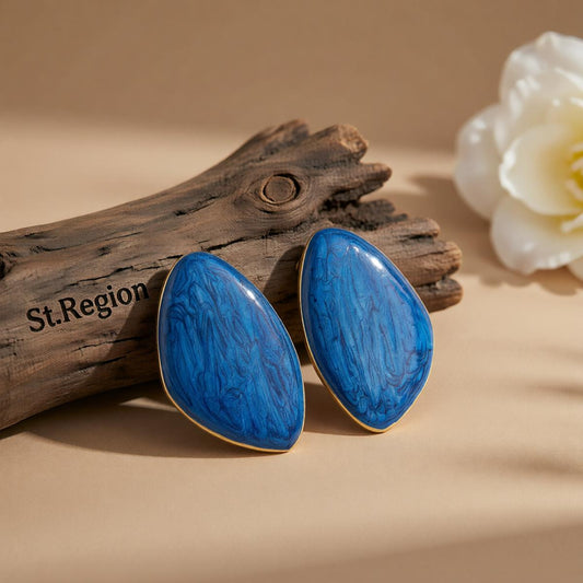 Blue Enamel and Goldtone Drop Statement Stud Earrings, cubic zirconia stud earrings for women, botanical inspired, front view