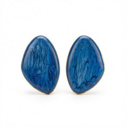 Blue Enamel and Goldtone Drop Statement Stud Earrings, cubic zirconia stud earrings for women, botanical inspired, side view