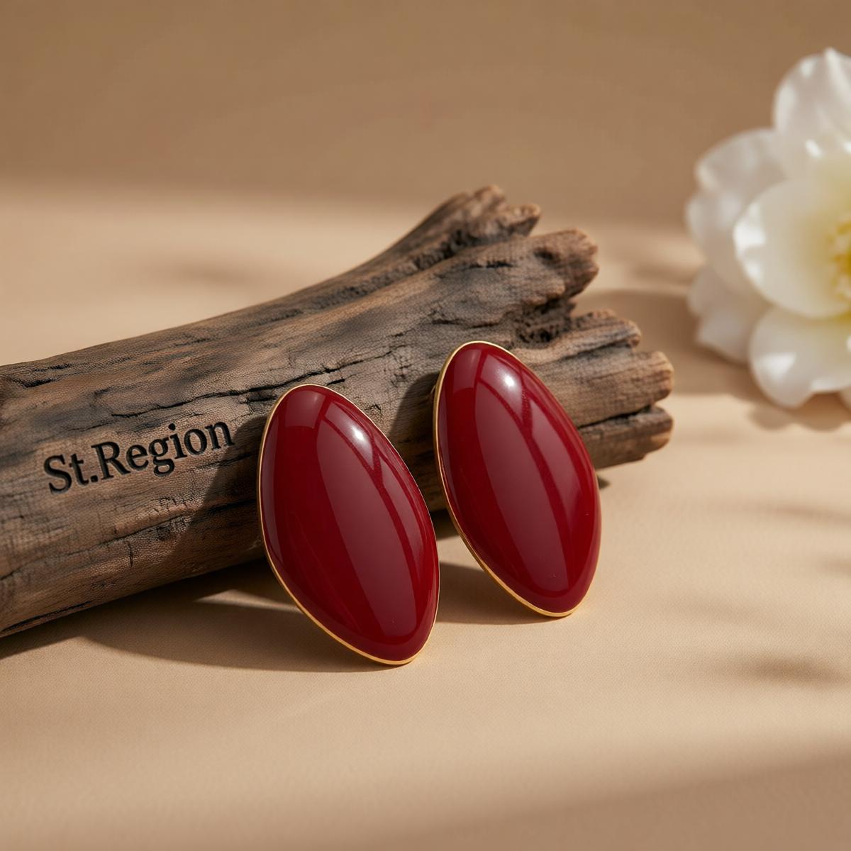 Red Enamel and Goldtone Drop Statement Stud Earrings, cubic zirconia stud earrings for women, everyday style, front view