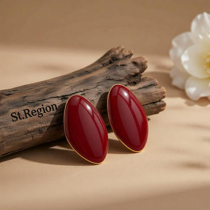 Red Enamel and Goldtone Drop Statement Stud Earrings, cubic zirconia stud earrings for women, everyday style, front view