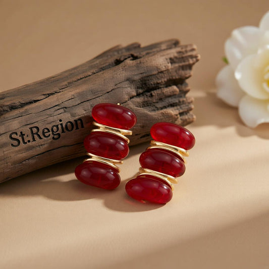 Red Resin and Goldtone Tiered Stud Earrings, cubic zirconia stud earrings for women, dainty minimalist design, front view