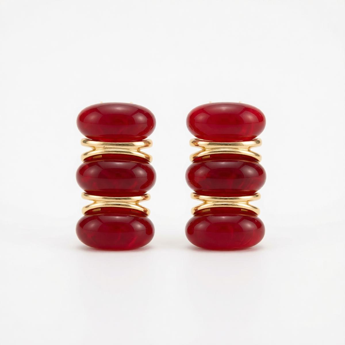 Red Resin and Goldtone Tiered Stud Earrings, cubic zirconia stud earrings for women, dainty minimalist design, side view