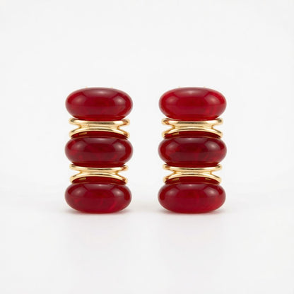 Red Resin and Goldtone Tiered Stud Earrings, cubic zirconia stud earrings for women, dainty minimalist design, side view