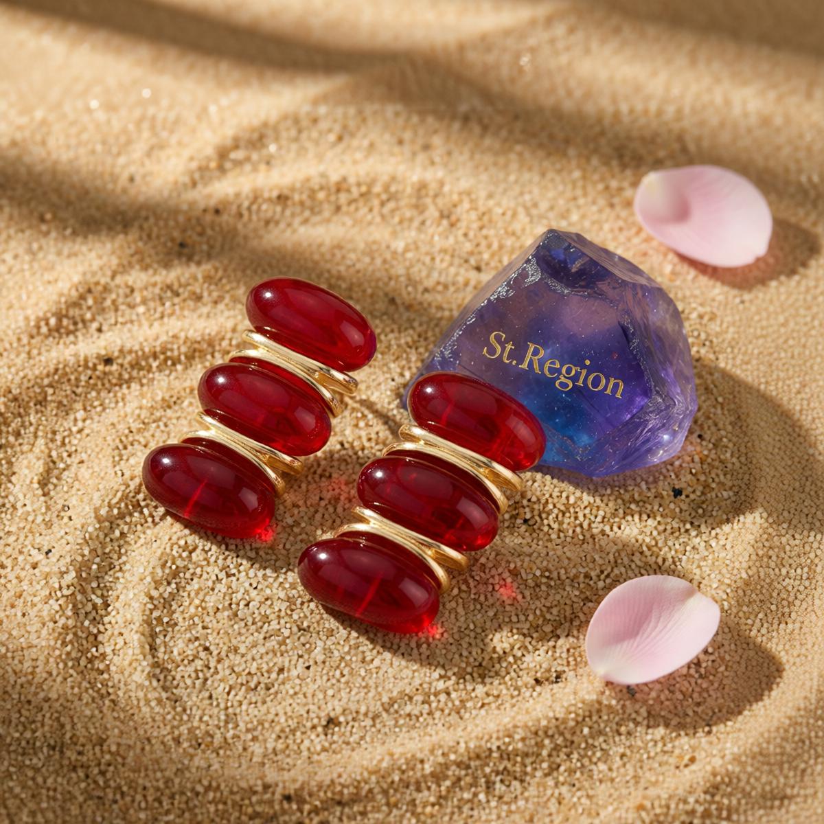 Red Resin and Goldtone Tiered Stud Earrings, cubic zirconia stud earrings for women, detail close-up