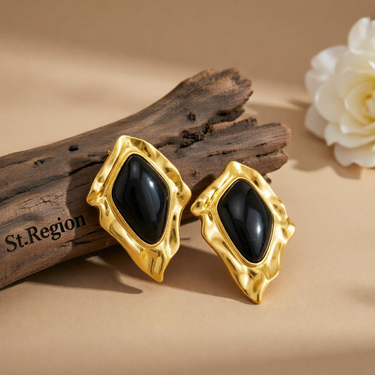 Black Resin and Goldtone Wrinkled Rhombus Stud Earrings, cubic zirconia stud earrings for women, front view