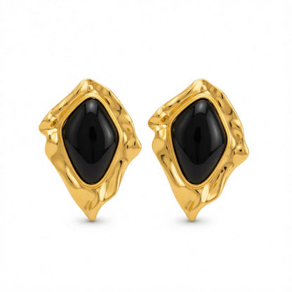 Black Resin and Goldtone Wrinkled Rhombus Stud Earrings, gold stud earrings for women, vintage-inspired design, side view