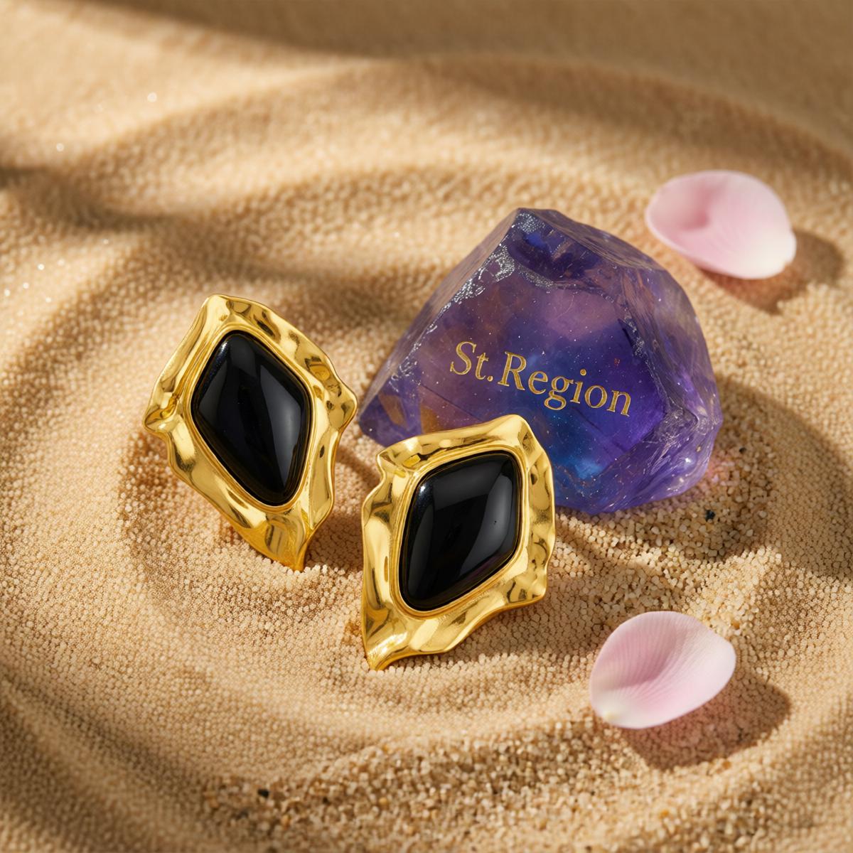 Black Resin and Goldtone Wrinkled Rhombus Stud Earrings, gold stud earrings for women, detail close-up
