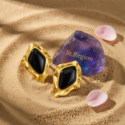 Black Resin and Goldtone Wrinkled Rhombus Stud Earrings, gold stud earrings for women, detail close-up