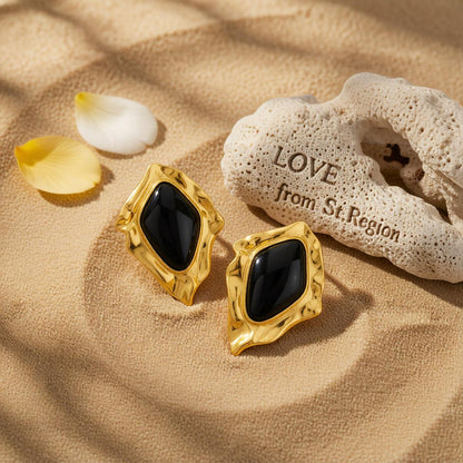 Black Resin and Goldtone Wrinkled Rhombus Stud Earrings, gold stud earrings for women, lifestyle look