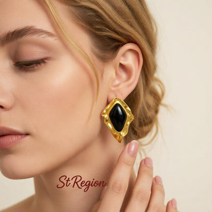 Black Resin and Goldtone Wrinkled Rhombus Stud Earrings, gold stud earrings for women, vintage-inspired design, styled look