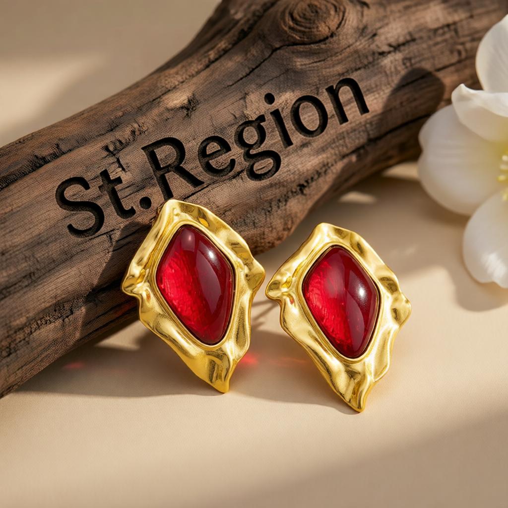 Red Resin and Goldtone Wrinkled Rhombus Stud Earrings, cubic zirconia stud earrings for women, front view