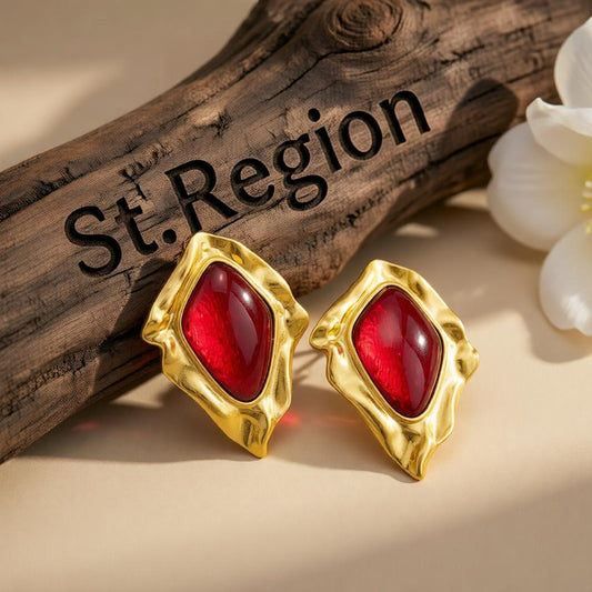 Red Resin and Goldtone Wrinkled Rhombus Stud Earrings, cubic zirconia stud earrings for women, front view