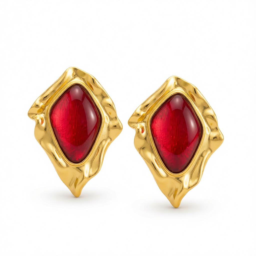 Red Resin and Goldtone Wrinkled Rhombus Stud Earrings, cubic zirconia stud earrings for women, side view