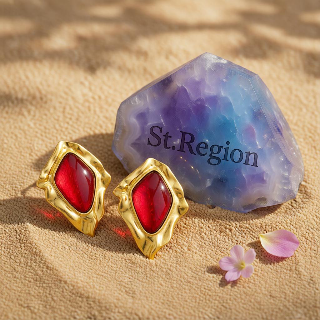 Red Resin and Goldtone Wrinkled Rhombus Stud Earrings, cubic zirconia stud earrings for women, detail close-up