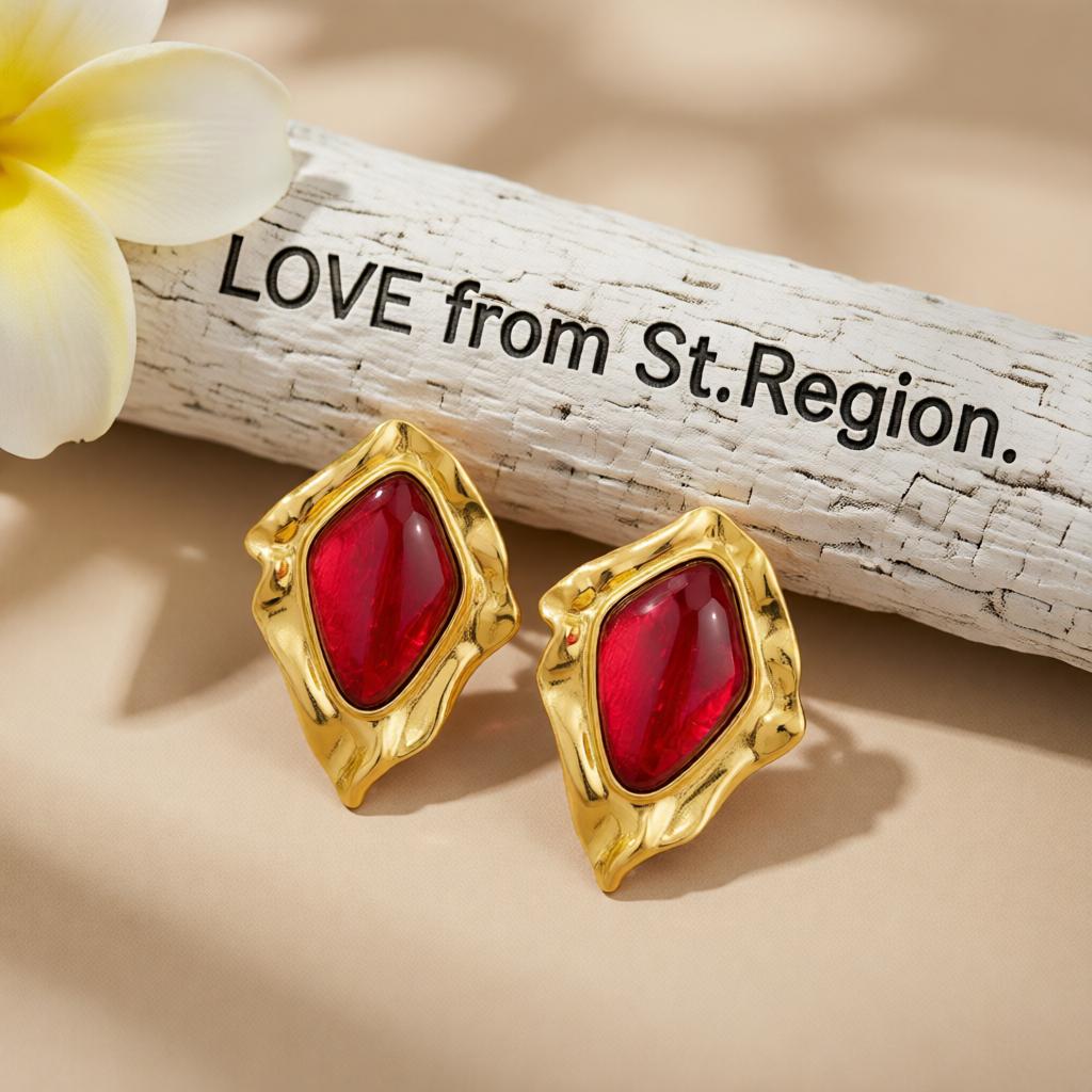 Red Resin and Goldtone Wrinkled Rhombus Stud Earrings, cubic zirconia stud earrings for women, lifestyle look