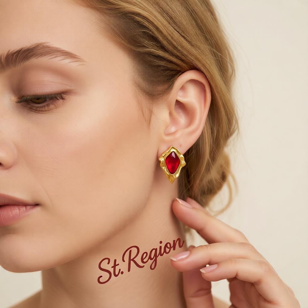 Red Resin and Goldtone Wrinkled Rhombus Stud Earrings, cubic zirconia stud earrings for women, styled look