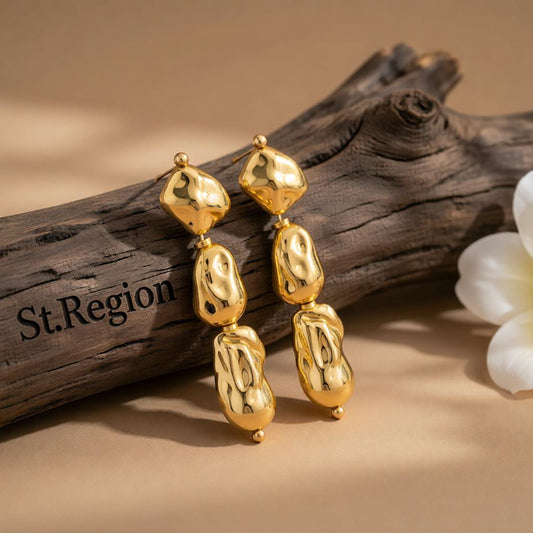 Goldtone Irregular Drop Bead Tiered Dangle Earrings, gold drop earrings for women, dainty minimalist design, front view