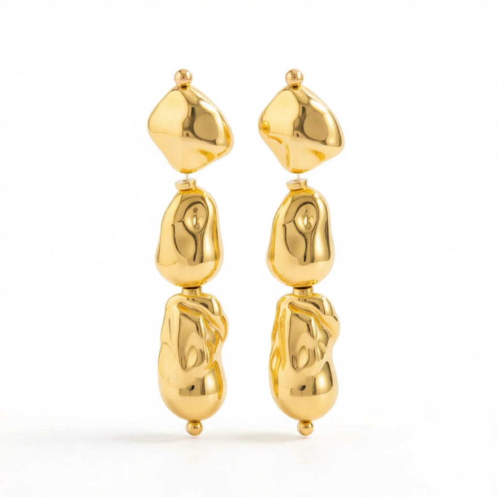 Goldtone Irregular Drop Bead Tiered Dangle Earrings, gold drop earrings for women, dainty minimalist design, side view