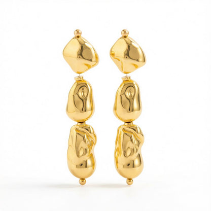 Goldtone Irregular Drop Bead Tiered Dangle Earrings, gold drop earrings for women, dainty minimalist design, side view