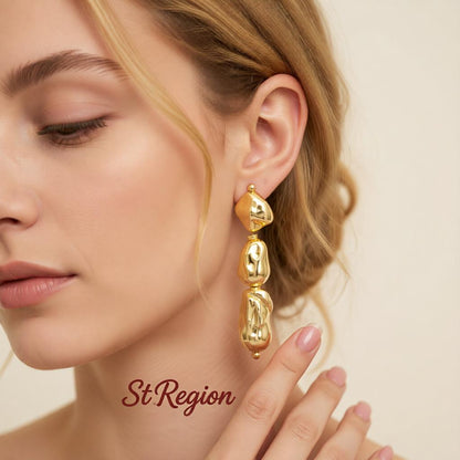 Goldtone Irregular Drop Bead Tiered Dangle Earrings, gold drop earrings for women, dainty minimalist design, styled look