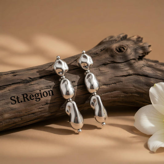 Silvertone Irregular Drop Bead Tiered Dangle Earrings, vintage-inspired design, front view