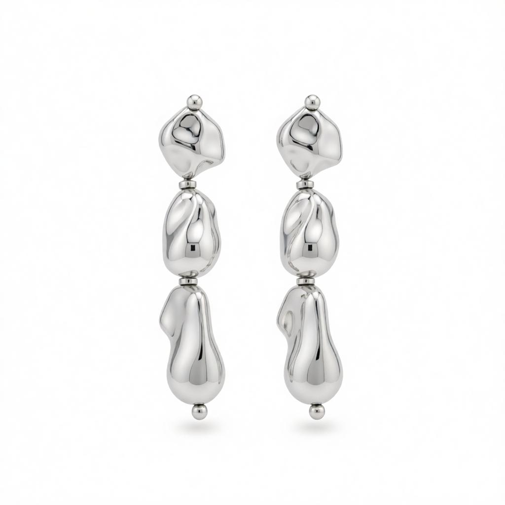 Silvertone Irregular Drop Bead Tiered Dangle Earrings, vintage-inspired design, side view