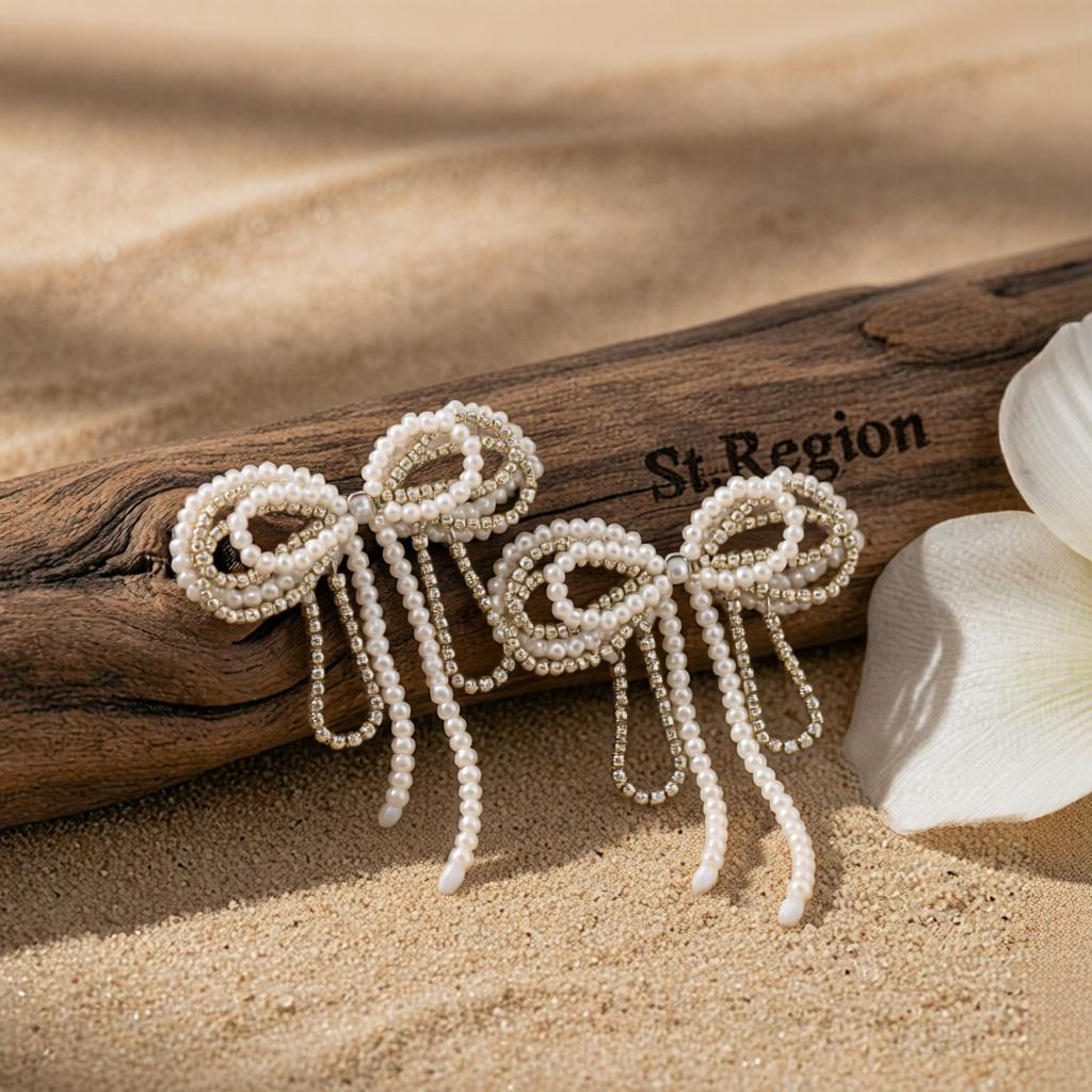 Pearl and Cubic Zirconia Silvertone Beaded Bow Stud Earrings, cubic zirconia stud earrings for women, front view