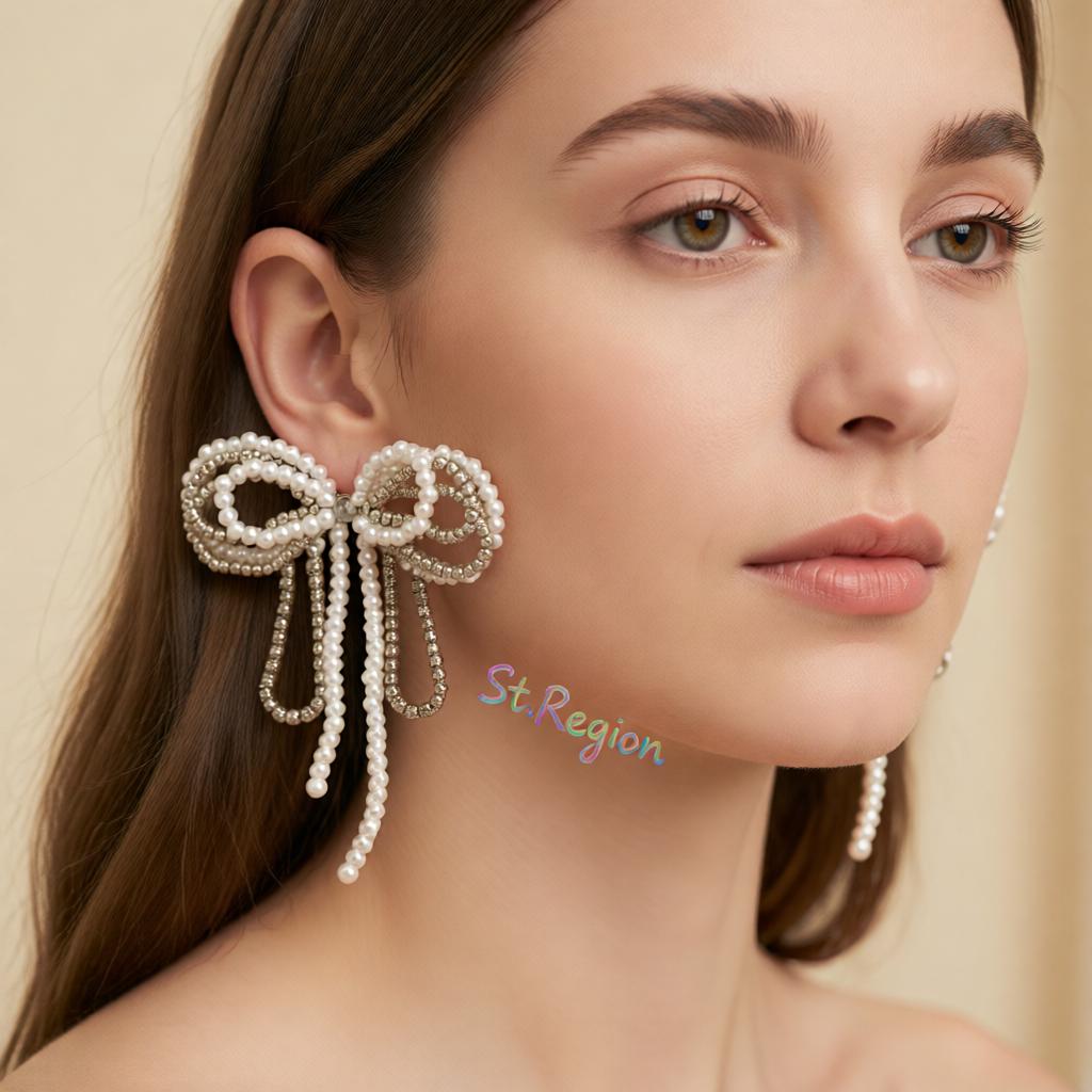 Pearl and Cubic Zirconia Silvertone Beaded Bow Stud Earrings, cubic zirconia stud earrings for women, styled look