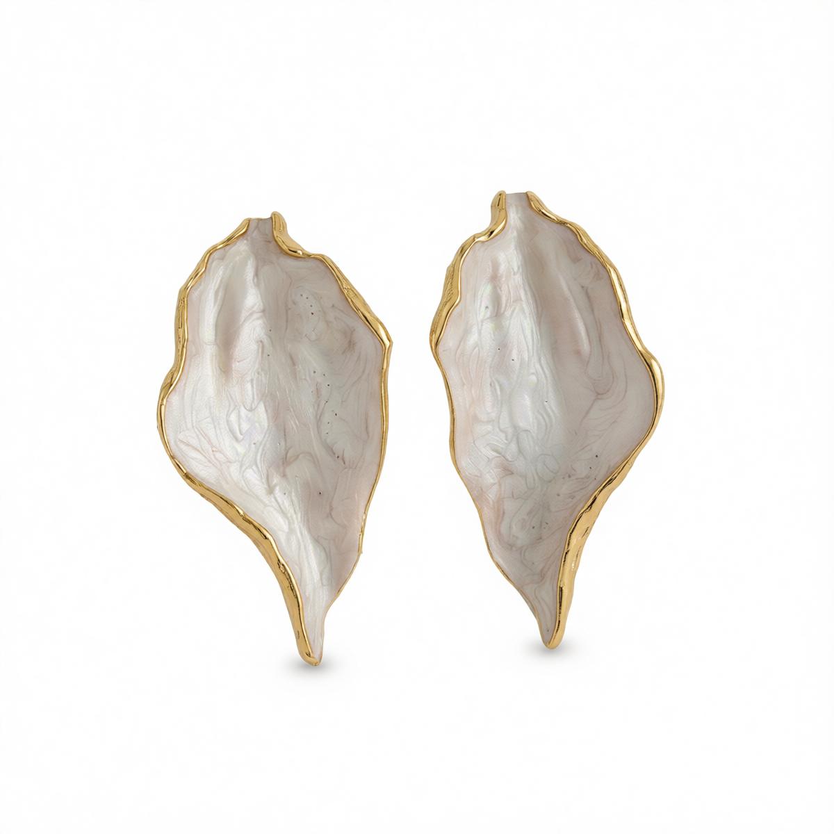 White Enamel and Goldtone Lotus Leaf Stud Earrings, cubic zirconia stud earrings for women, everyday style, side view