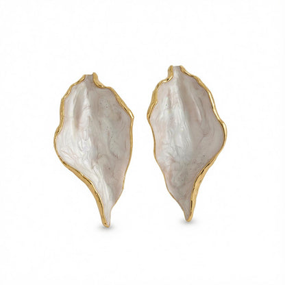 White Enamel and Goldtone Lotus Leaf Stud Earrings, cubic zirconia stud earrings for women, everyday style, side view