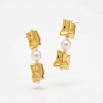 Pearl and Goldtone Ice Cube Dangle Earrings, gold drop earrings for women, dainty minimalist design, side view