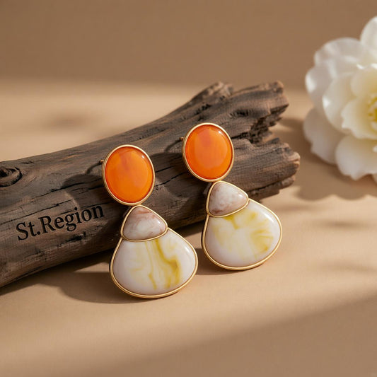 Resin and Goldtone Shell Dangle Earrings, gold drop earrings for women, botanical inspired, front view
