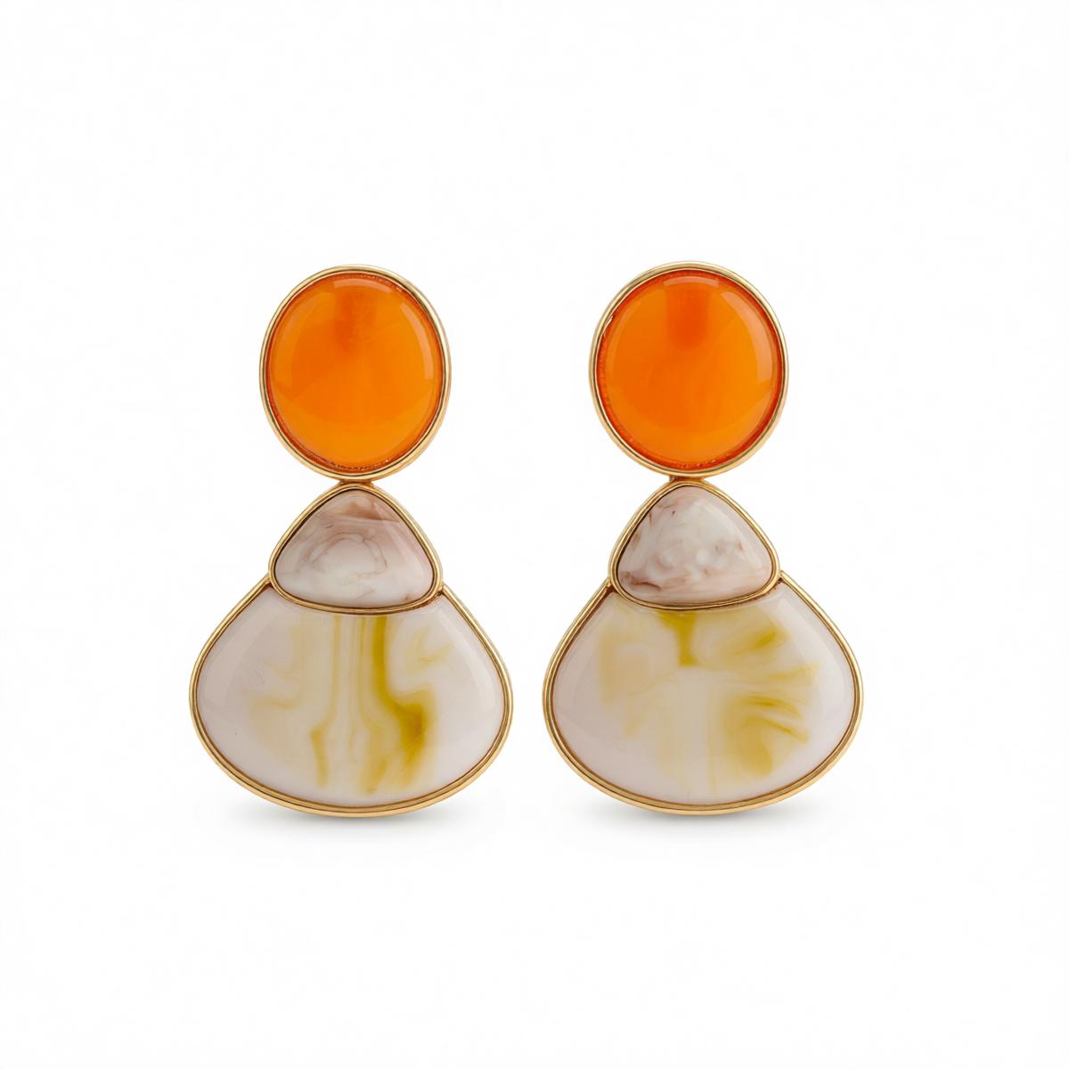 Resin and Goldtone Shell Dangle Earrings, gold drop earrings for women, botanical inspired, side view