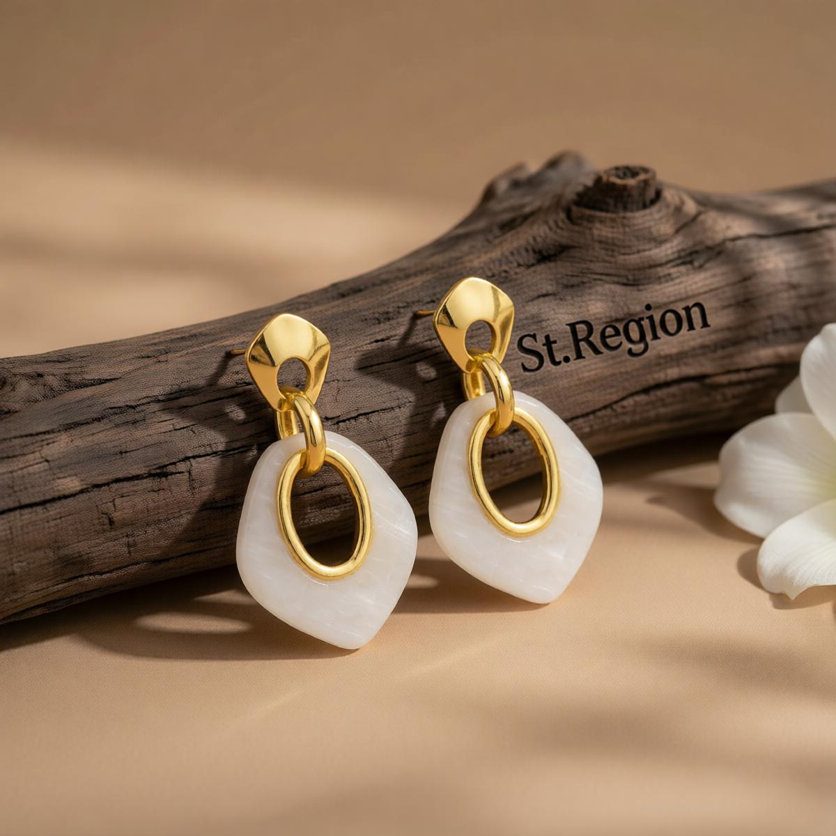 Acrylic and Goldtone Rhombus Dangle Earrings, gold drop earrings for women, elegant gift for her, front view