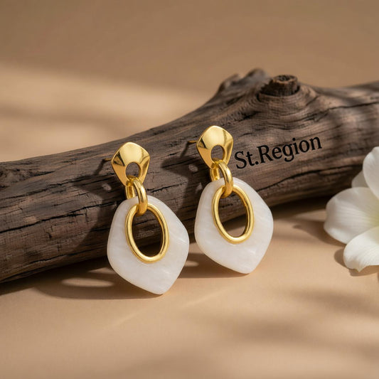 Acrylic and Goldtone Rhombus Dangle Earrings, gold drop earrings for women, elegant gift for her, front view