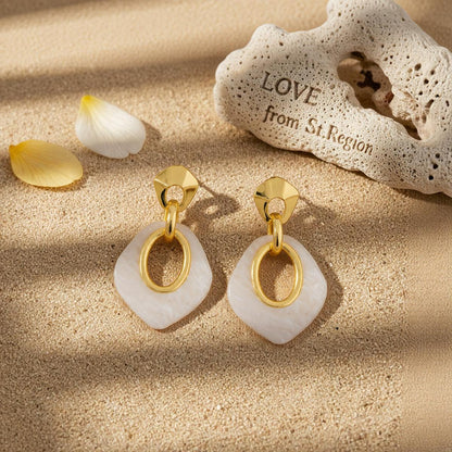 Acrylic and Goldtone Rhombus Dangle Earrings, gold drop earrings for women, elegant gift for her, lifestyle look