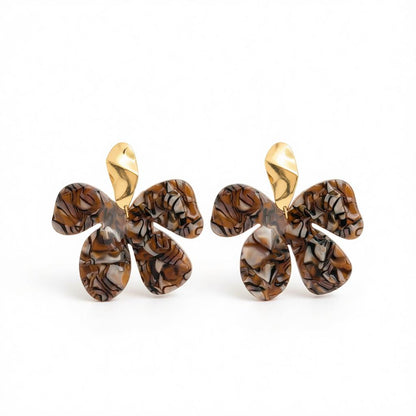 Multi-Colored Acrylic and Goldtone Flower Dangle Earrings, gold drop earrings for women, vintage-inspired design, side view