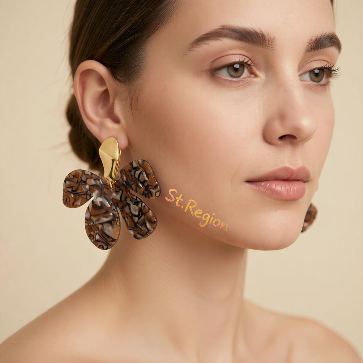 Multi-Colored Acrylic and Goldtone Flower Dangle Earrings, gold drop earrings for women, vintage-inspired design, styled look