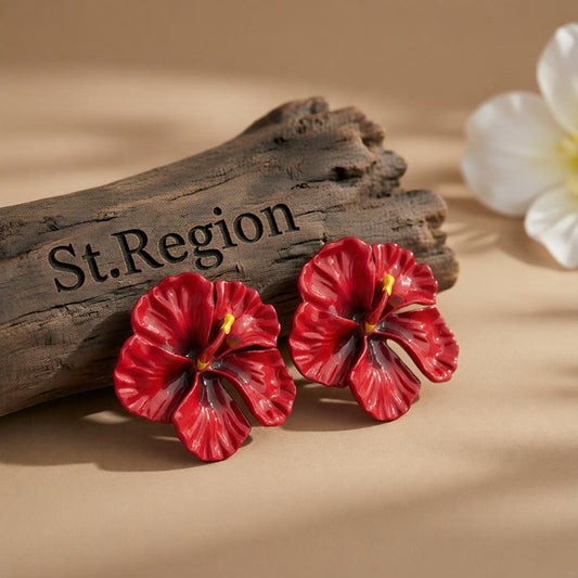 Red Enamel Flower Stud Earrings, cubic zirconia stud earrings for women, everyday style, front view