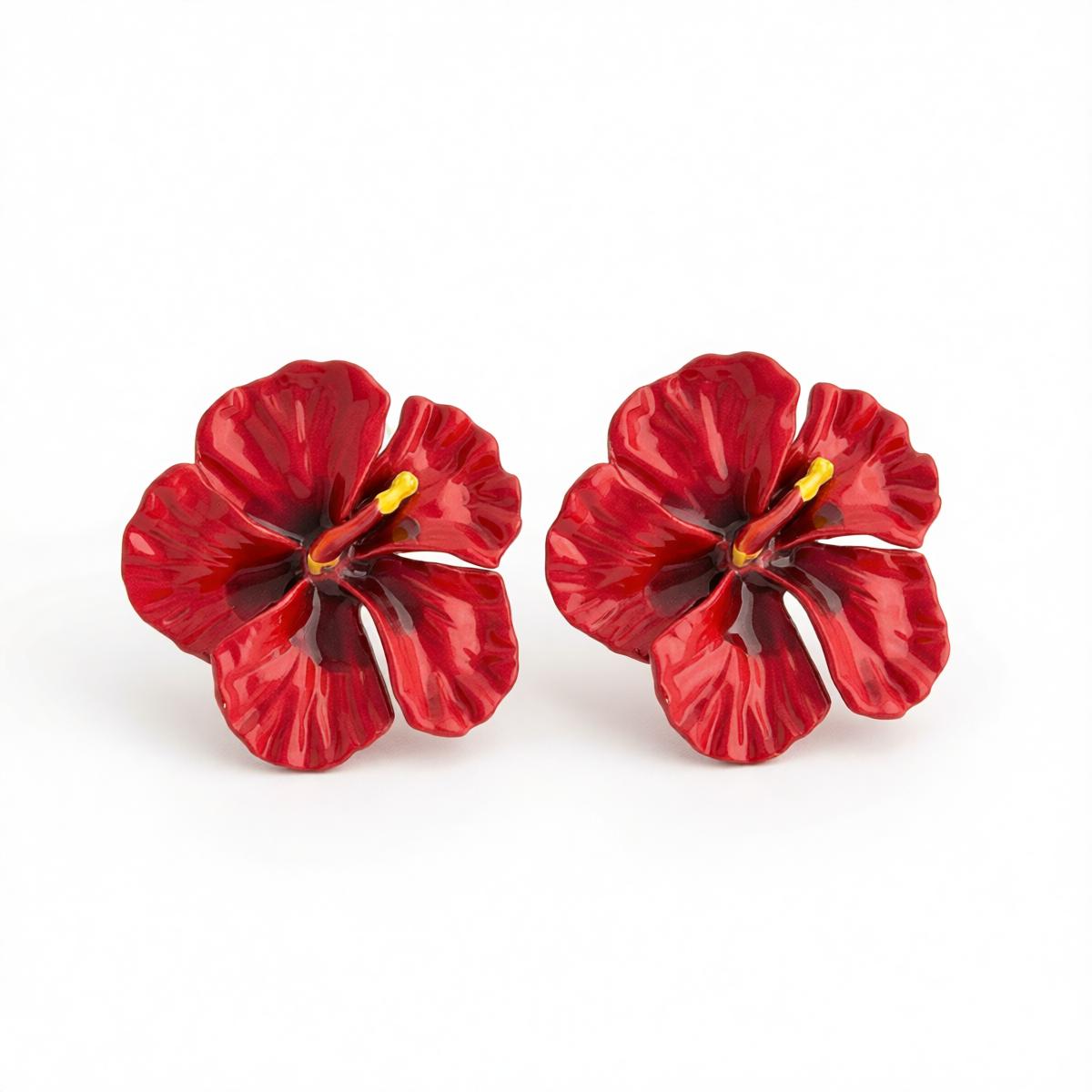 Red Enamel Flower Stud Earrings, cubic zirconia stud earrings for women, everyday style, side view