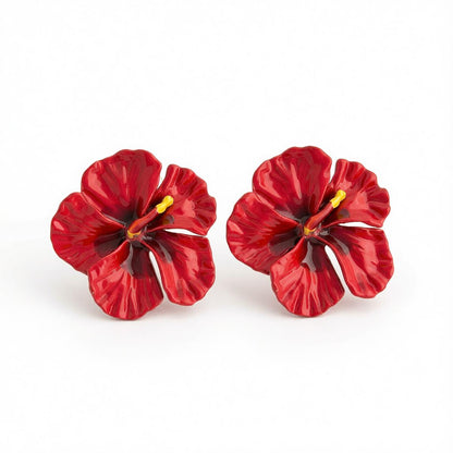 Red Enamel Flower Stud Earrings, cubic zirconia stud earrings for women, everyday style, side view