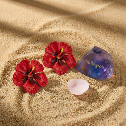 Red Enamel Flower Stud Earrings, cubic zirconia stud earrings for women, everyday style, detail close-up
